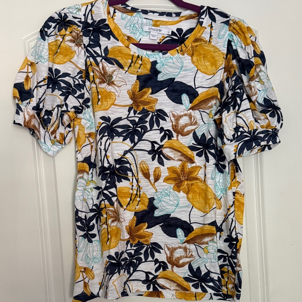 Chico's Mustard Yellow & Navy Floral Puff-Sleeve Tee